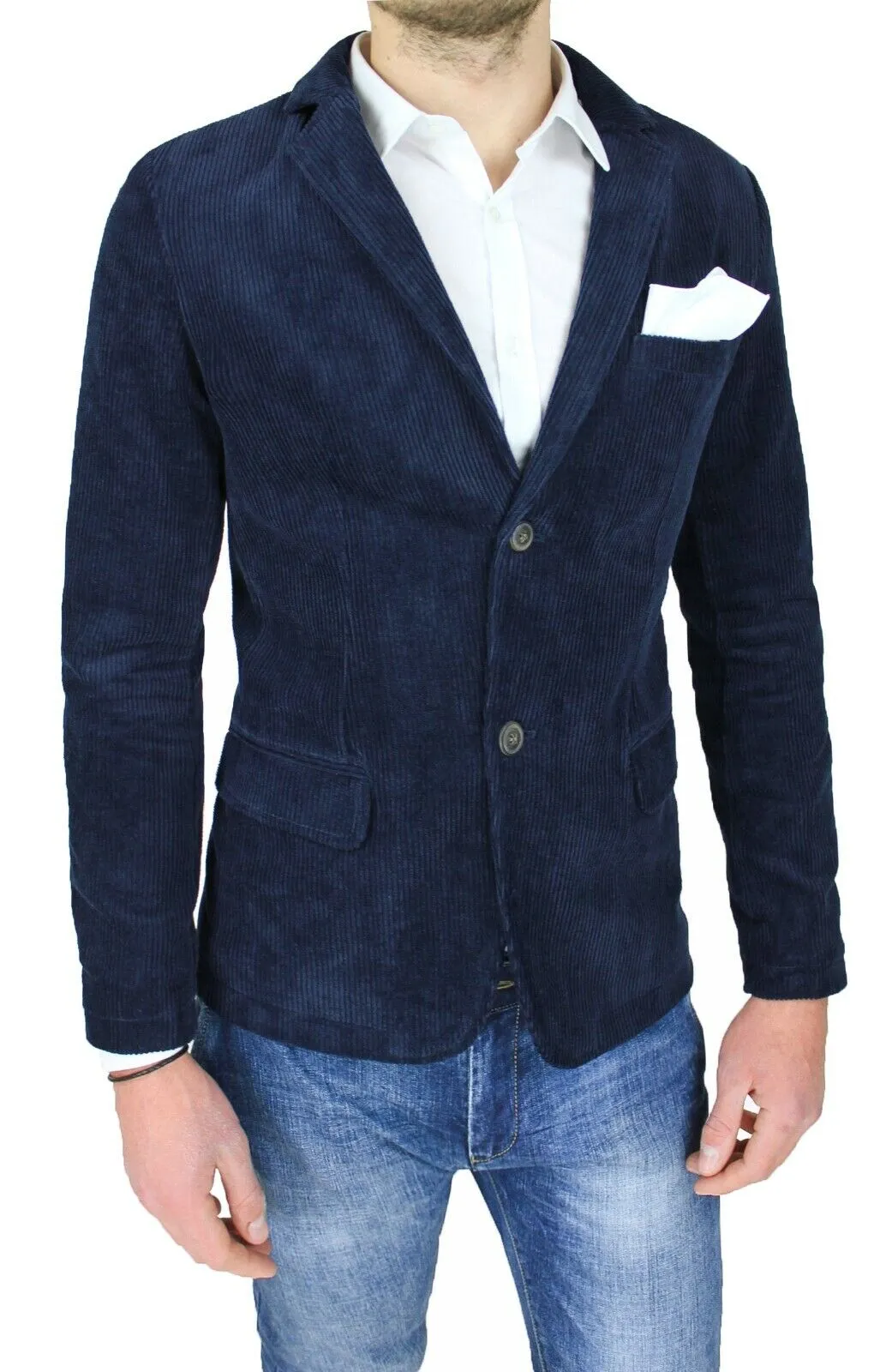 Giacca uomo in velluto a coste invernale blu scuro blazer casual elegante