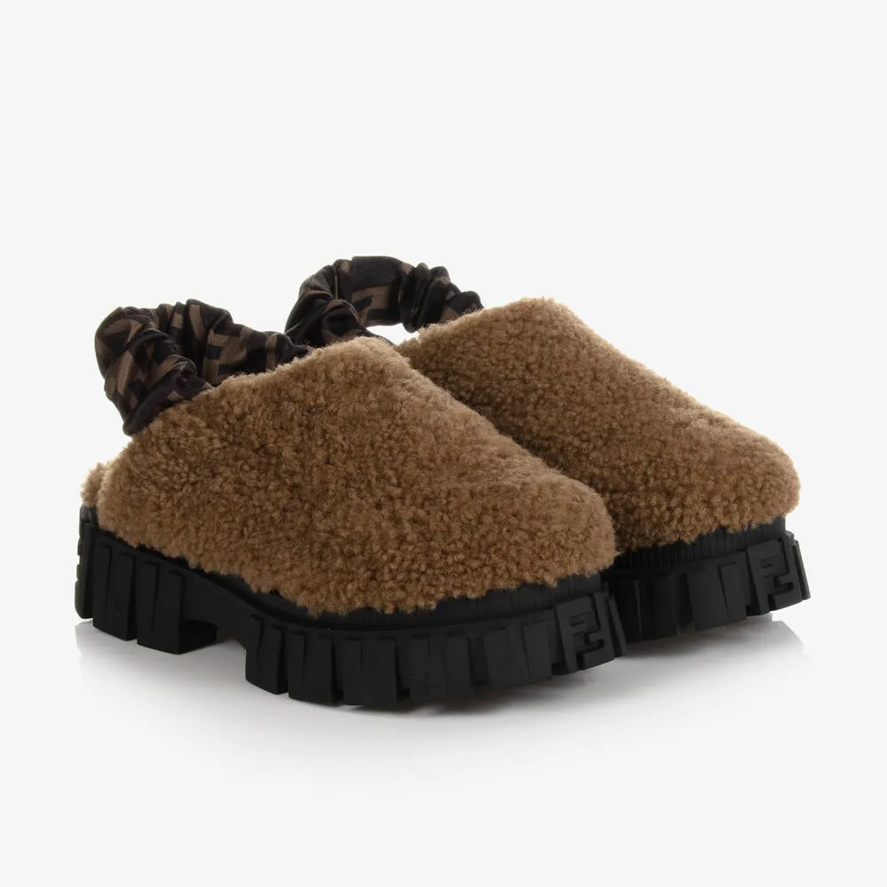 Girls Brown Shearling Sliders