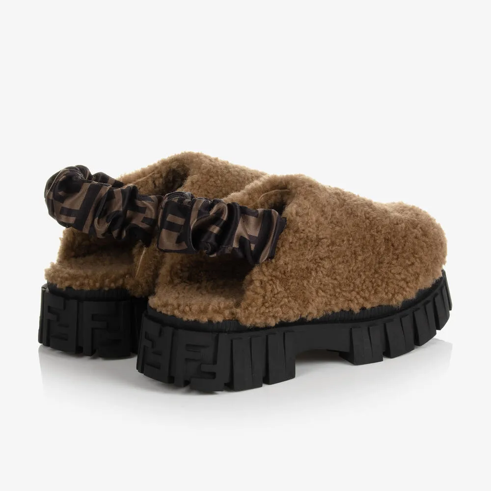 Girls Brown Shearling Sliders