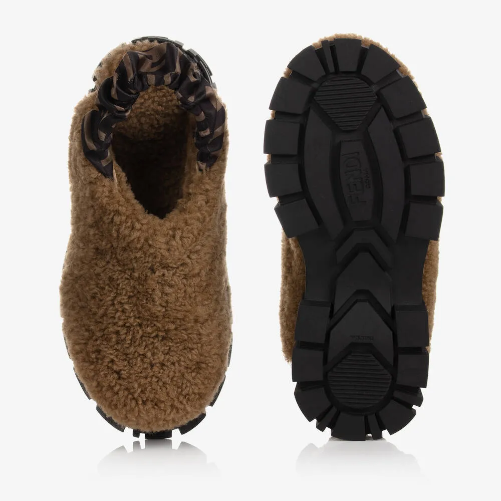 Girls Brown Shearling Sliders