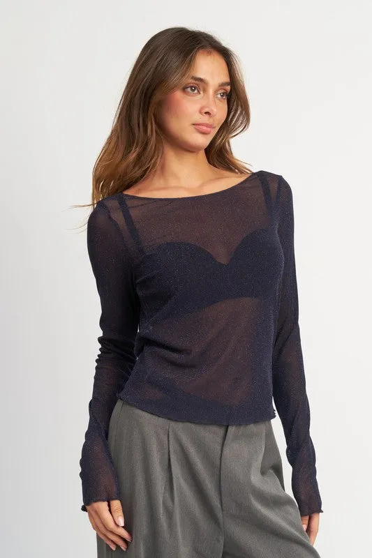 GLITTER MESH TOP WITH BACK COWL