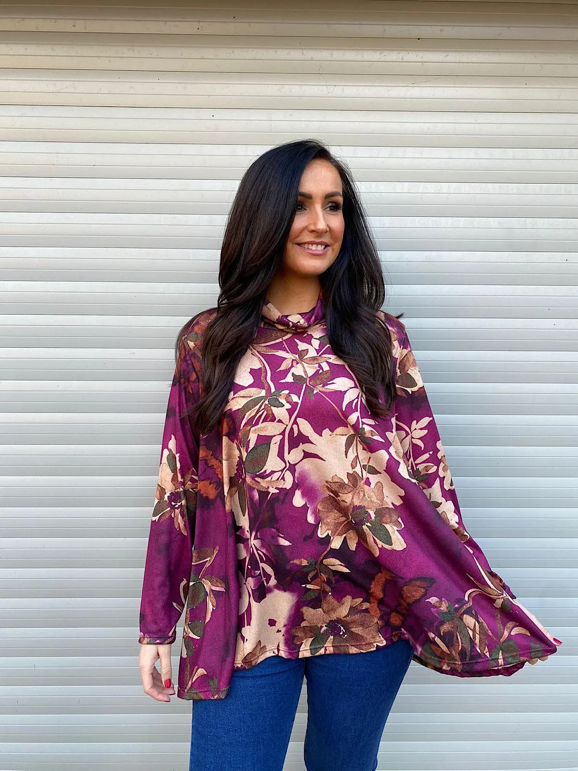 Grape Floral Cowl Neck Top Clover