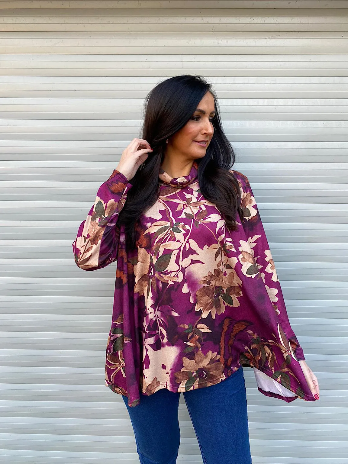 Grape Floral Cowl Neck Top Clover