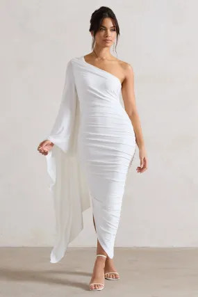 Halsey | White Ruched One Shoulder Cape Sleeve Asymmetric Midi Dress