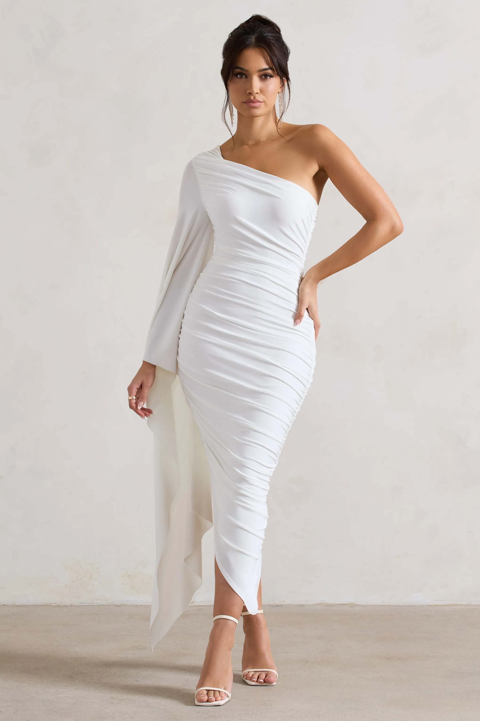 Halsey | White Ruched One Shoulder Cape Sleeve Asymmetric Midi Dress