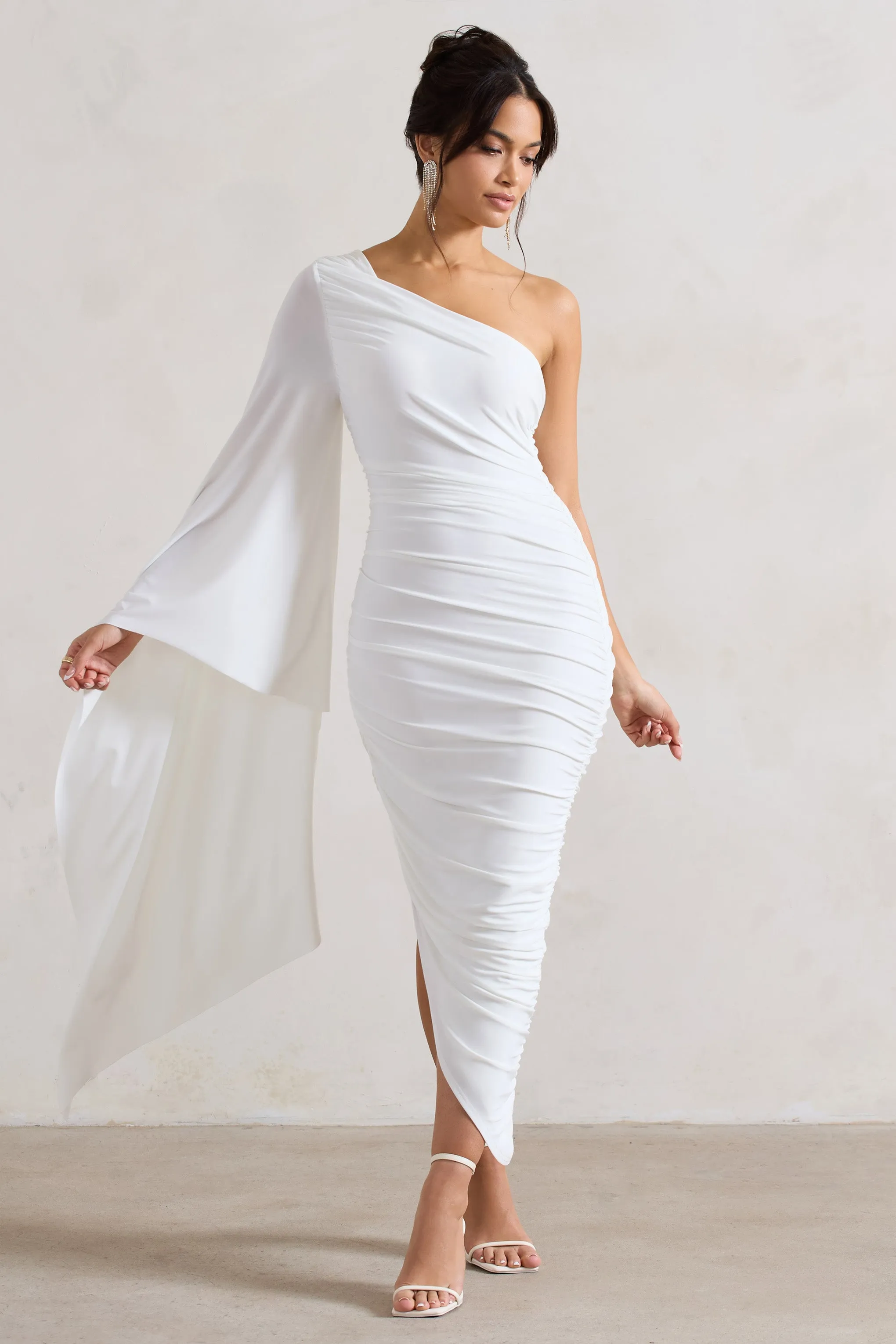 Halsey | White Ruched One Shoulder Cape Sleeve Asymmetric Midi Dress