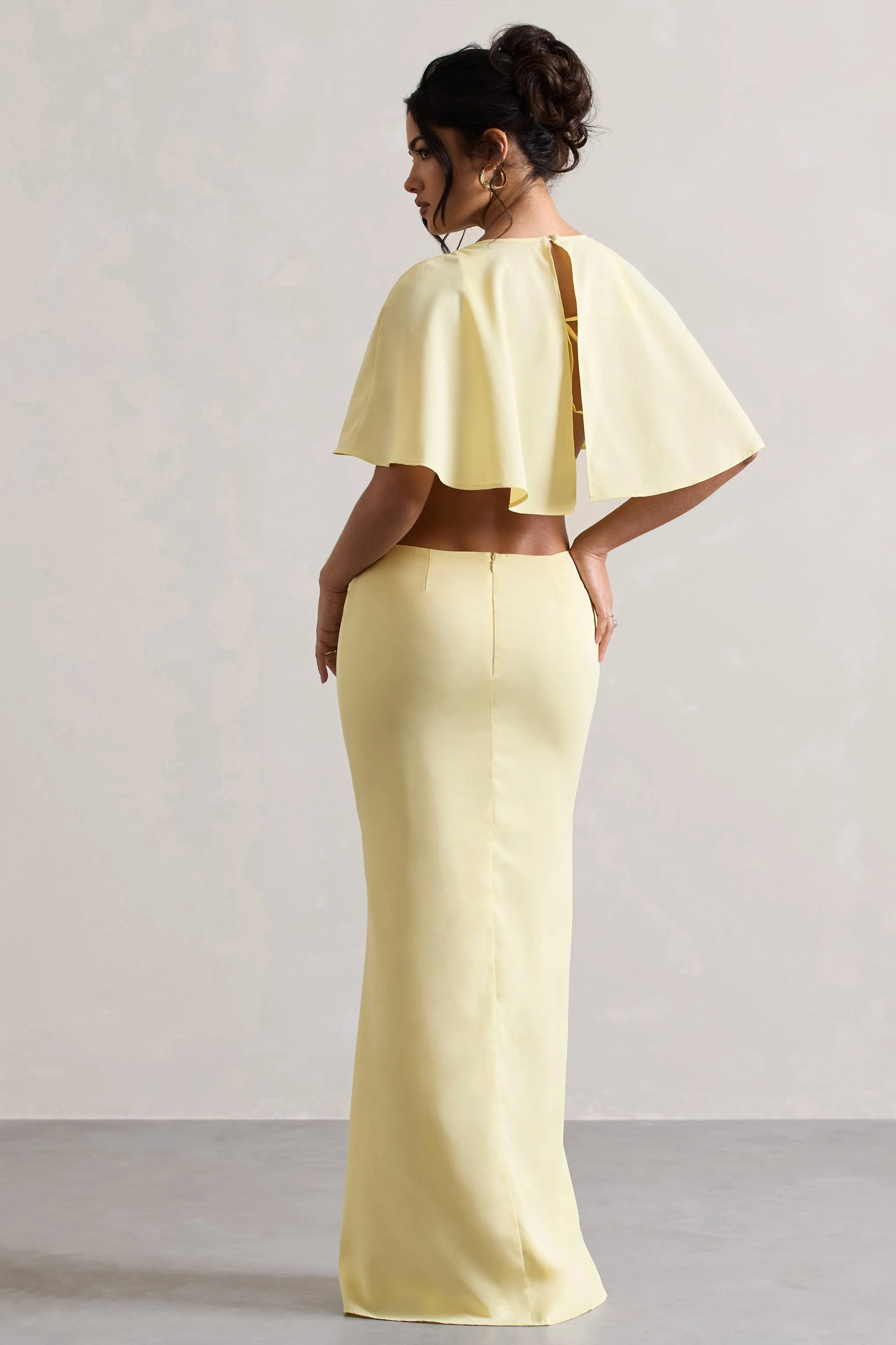 Isadora | Pastel Yellow Cut-Out Split Maxi Dress With Cape