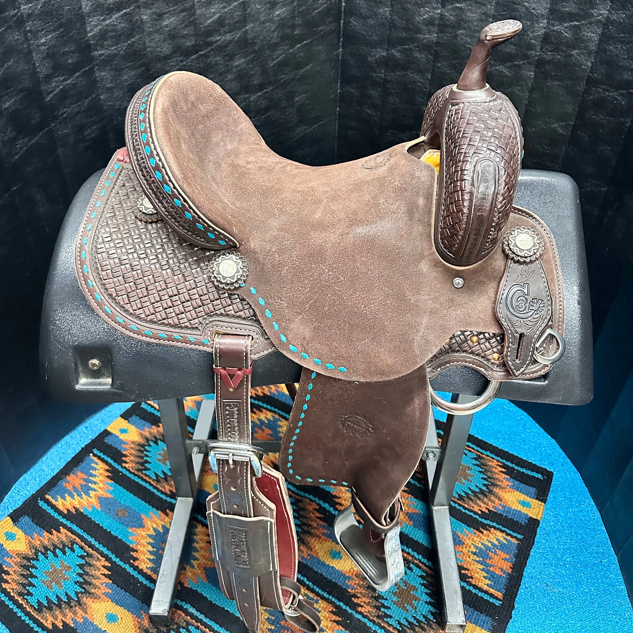 Jeff Smith C3 14.5 Inch Chocolate Barrel Saddle with Turquoise Buckstitch