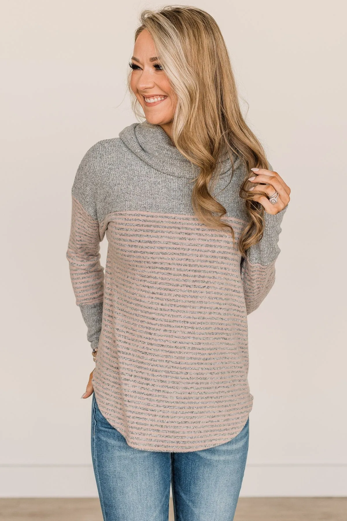 Just Can't Wait Cowl Neck Top- Grey & Dusty Pink