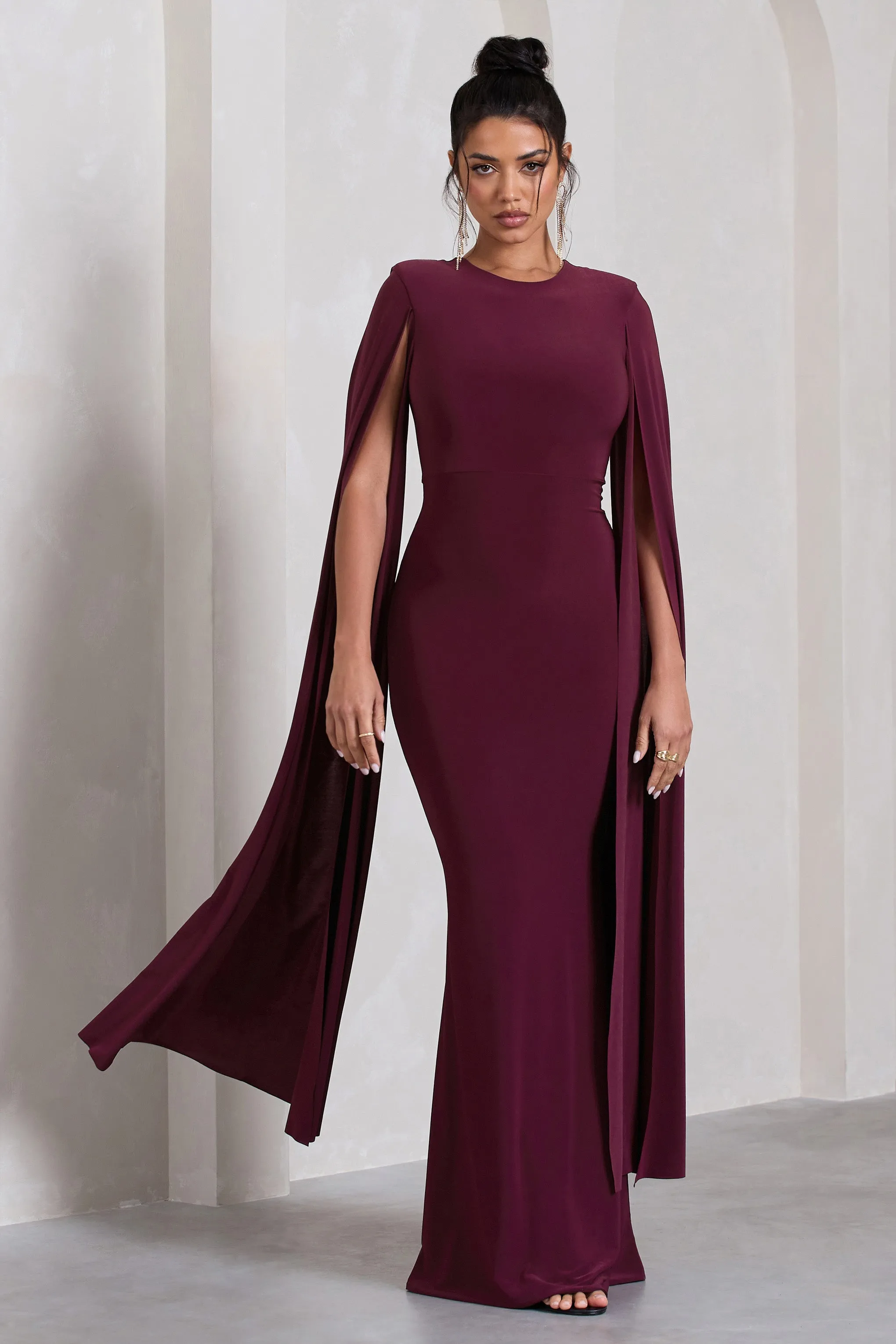 Kimmy | Burgundy High Neck Maxi Dress With Cape Sleeves