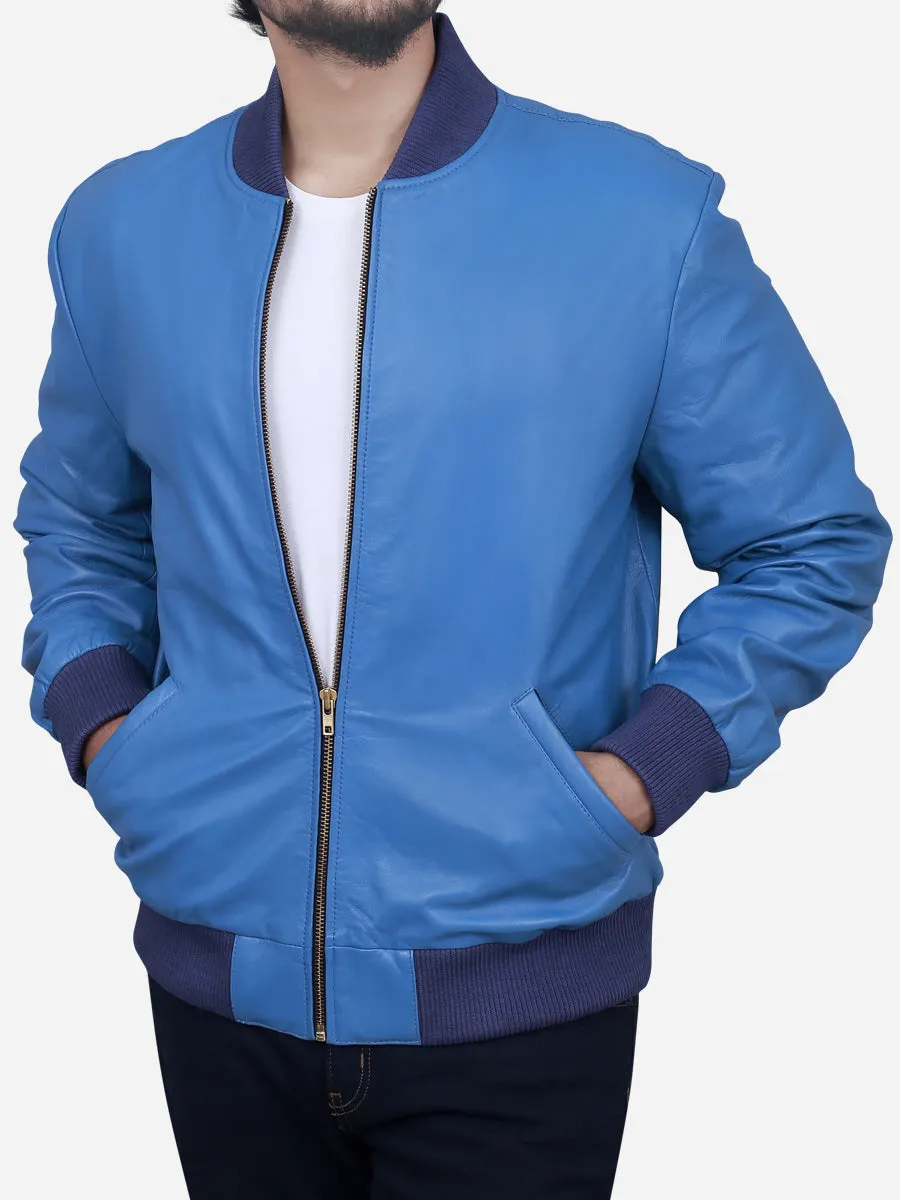 Luis Men's Blue Bomber Leather Jacket