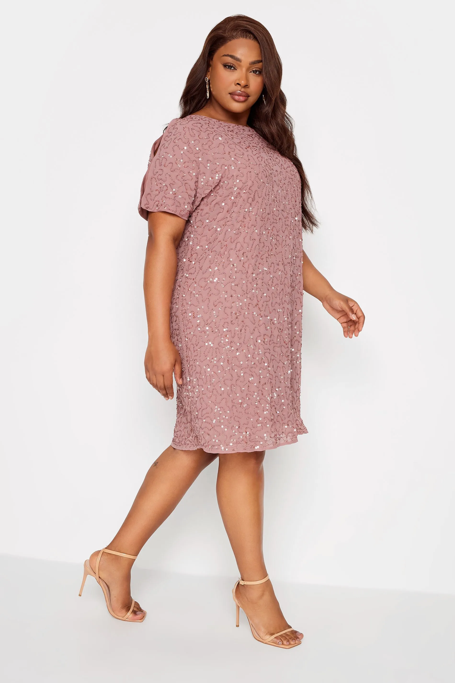 LUXE Curve Light Pink Sequin Hand Embellished Cape Dress