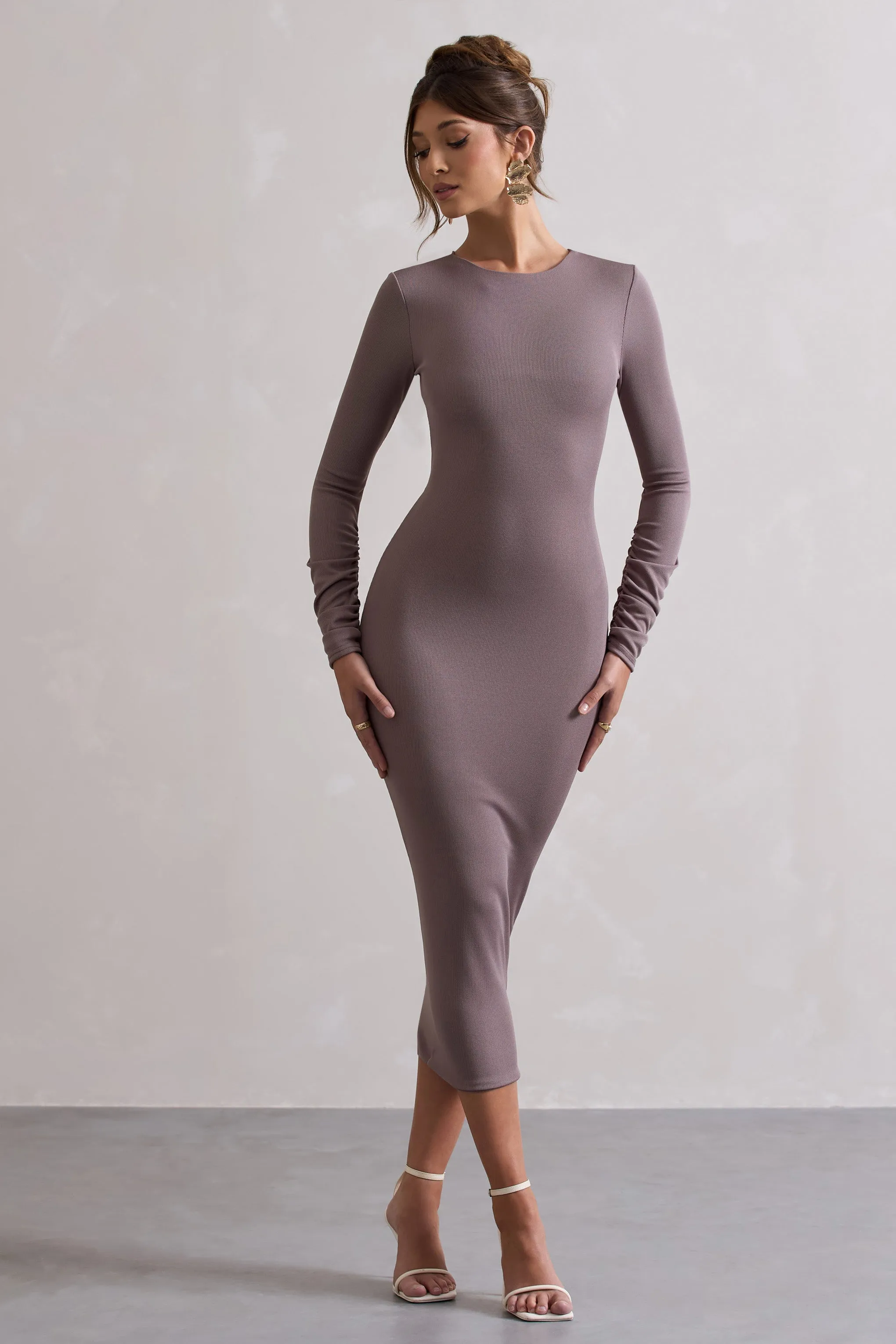 Madden | Taupe Rib Knit Cowl-Back Midi Dress