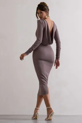 Madden | Taupe Rib Knit Cowl-Back Midi Dress