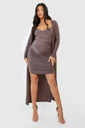 Maternity Strappy Cowl Neck Mini Dress And Duster Coat