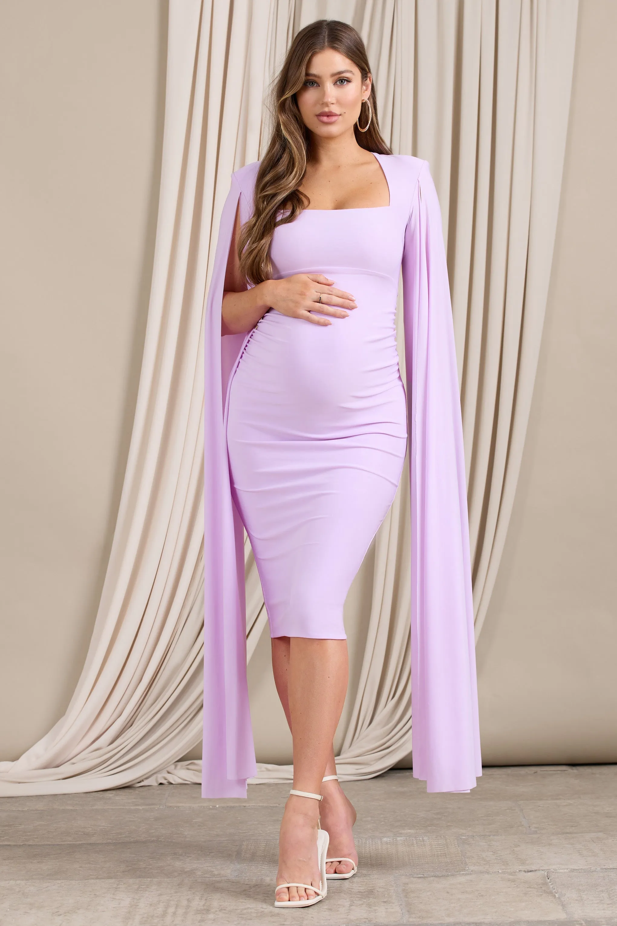 Meaningful | Lilac Maternity Midi Dress With Cape Sleeves