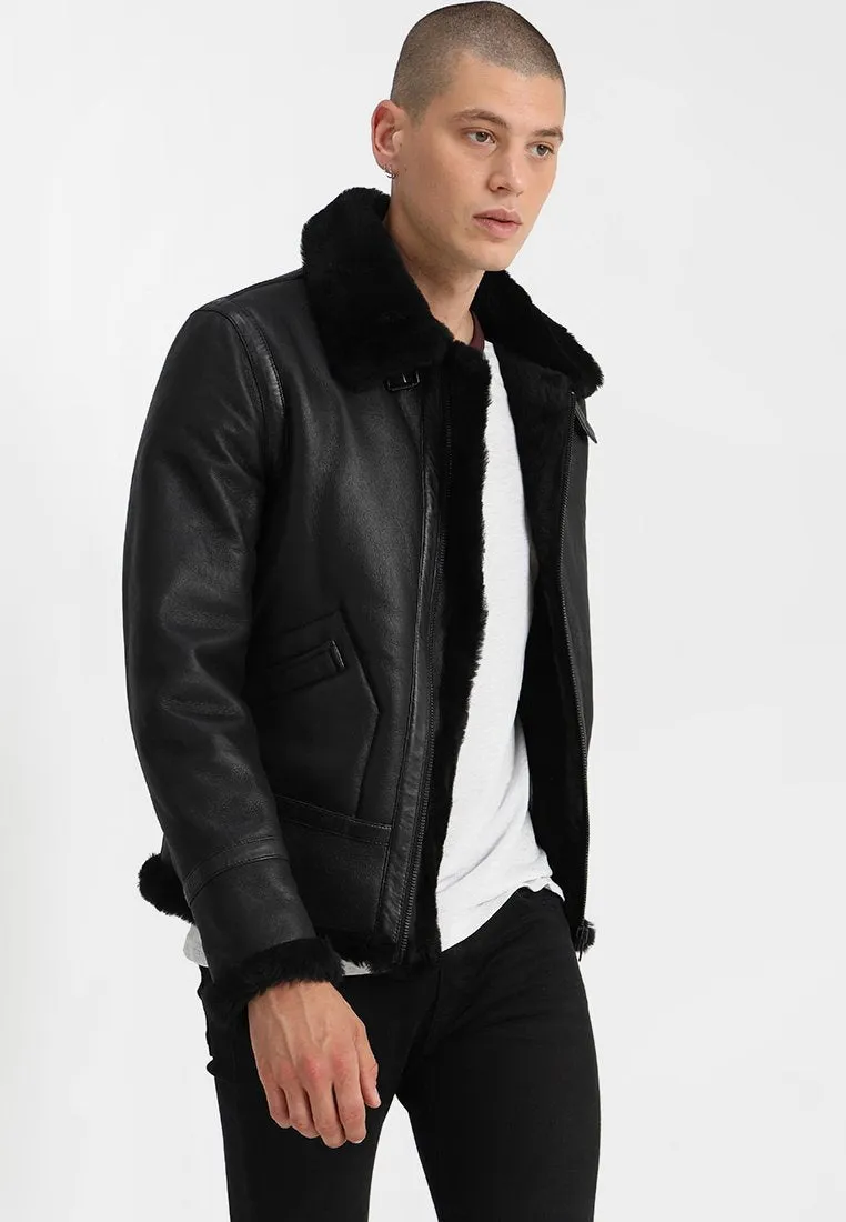 Men's Aviator Black Shearling Leather Jacket