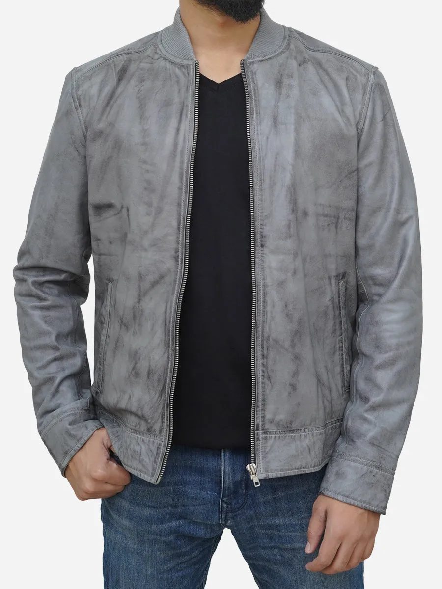 Men's Distressed Grey Leather Bomber Jacket