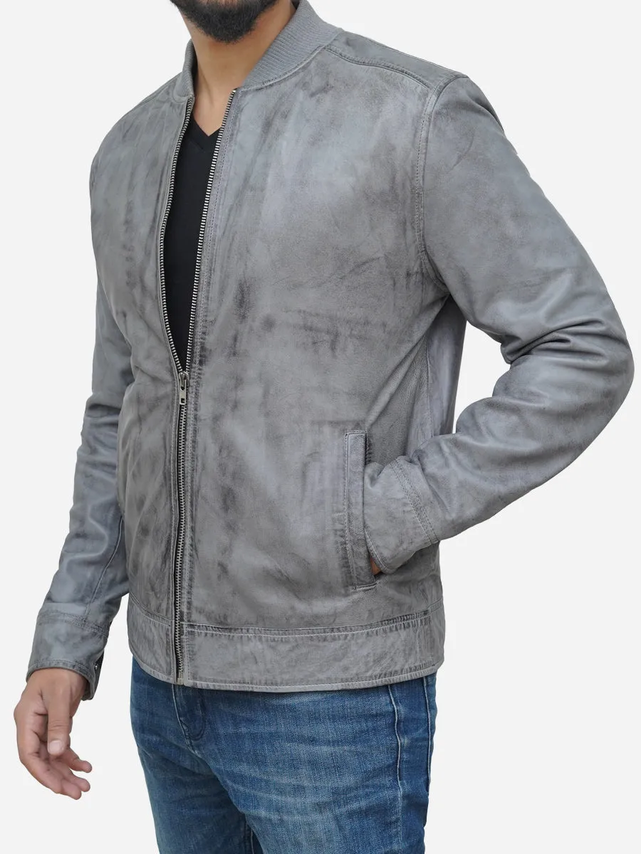 Men's Distressed Grey Leather Bomber Jacket