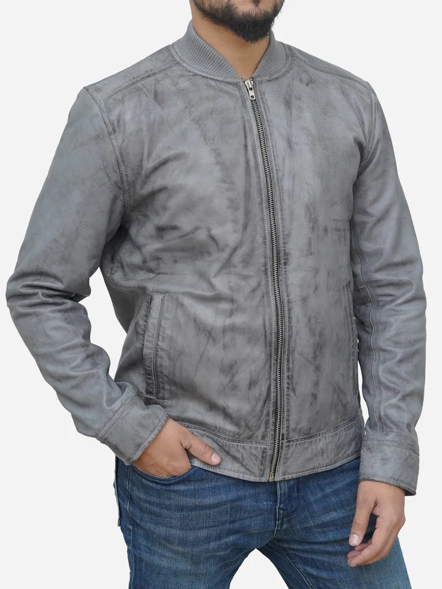 Men's Distressed Grey Leather Bomber Jacket