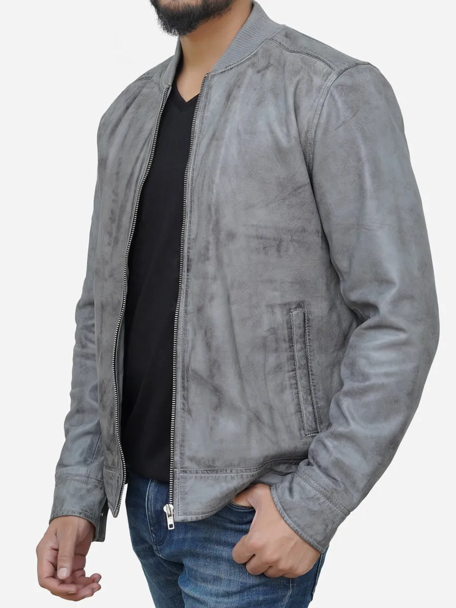 Men's Distressed Grey Leather Bomber Jacket