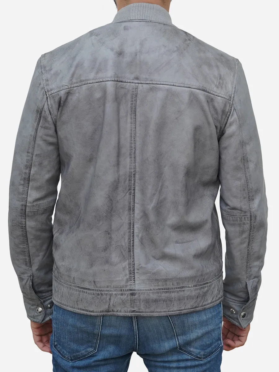 Men's Distressed Grey Leather Bomber Jacket