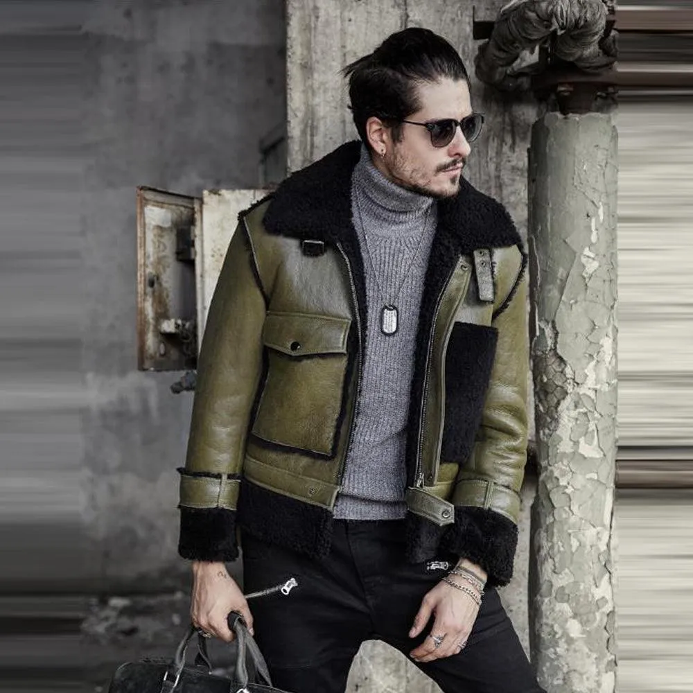 Men's Green RAF Pilot Sheepskin Shearling Leather Jacket