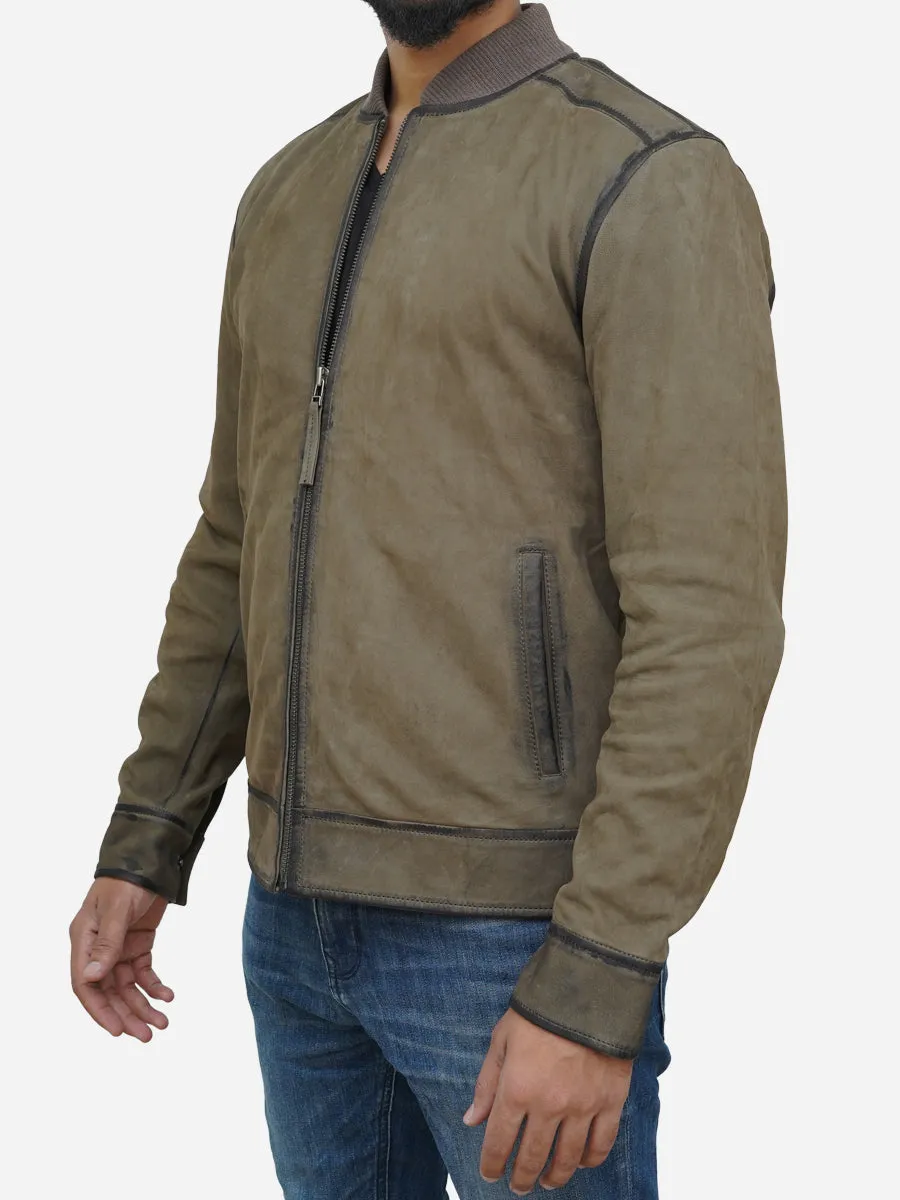 Men's Olive Green Suede Leather Bomber Jacket