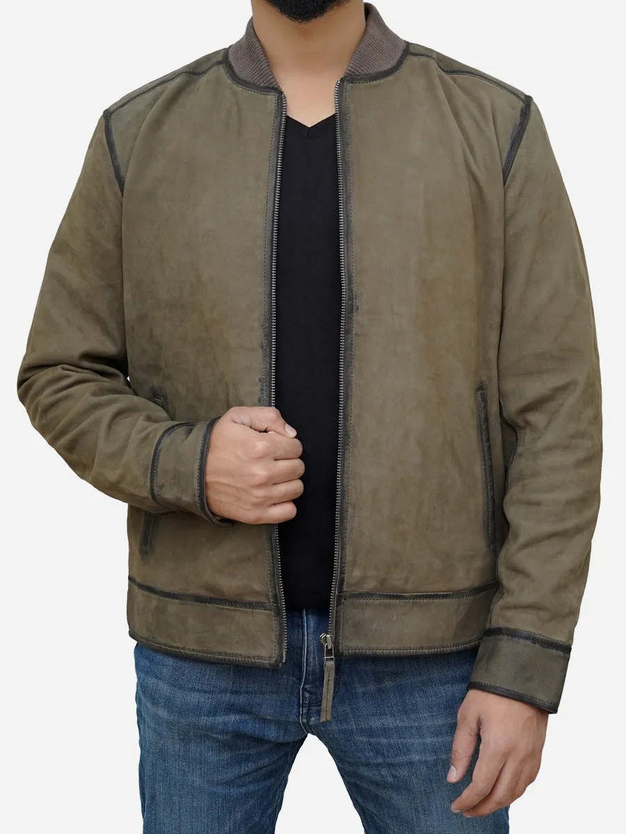 Men's Olive Green Suede Leather Bomber Jacket