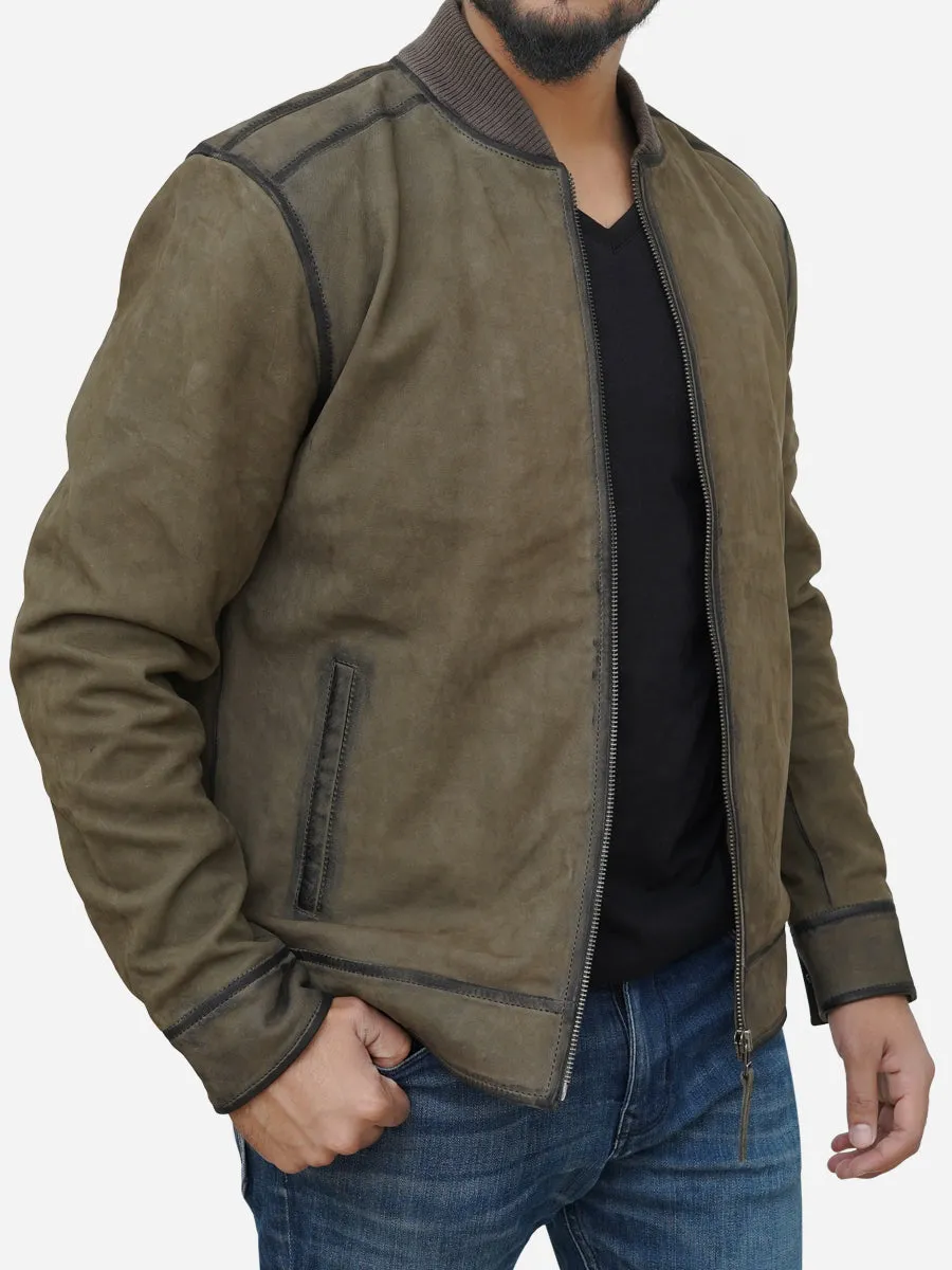 Men's Olive Green Suede Leather Bomber Jacket