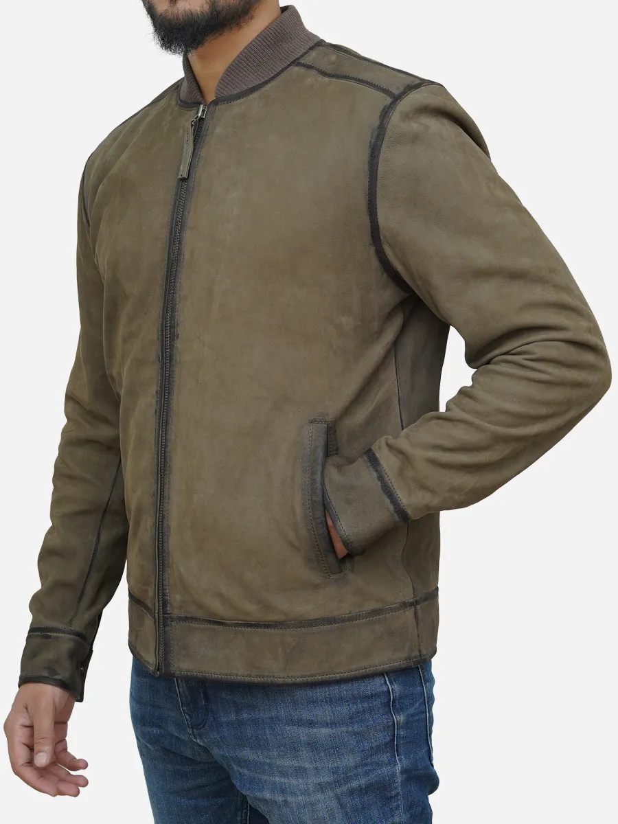 Men's Olive Green Suede Leather Bomber Jacket