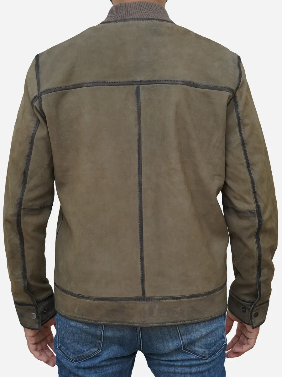 Men's Olive Green Suede Leather Bomber Jacket