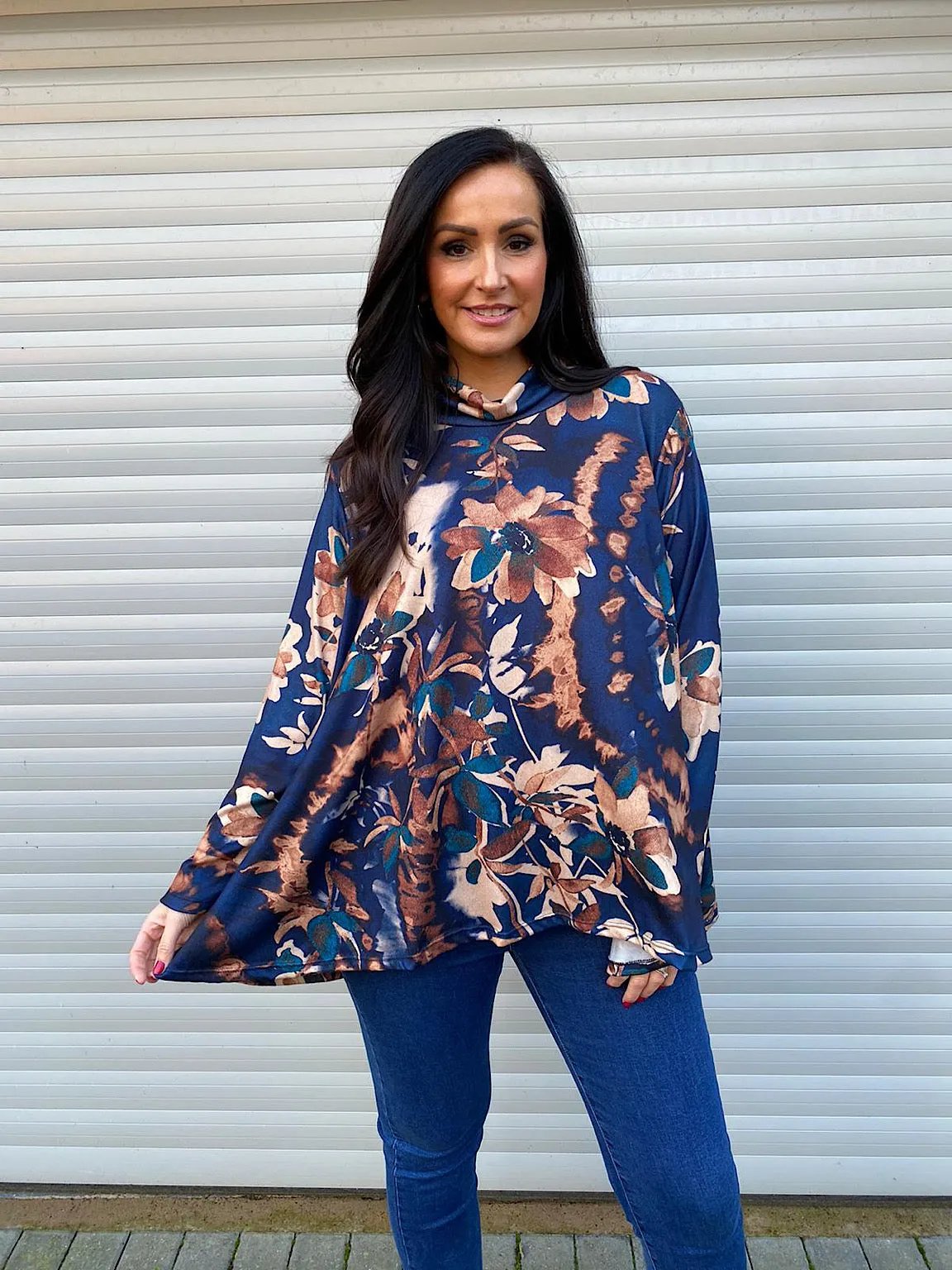 Navy Floral Cowl Neck Top Clover