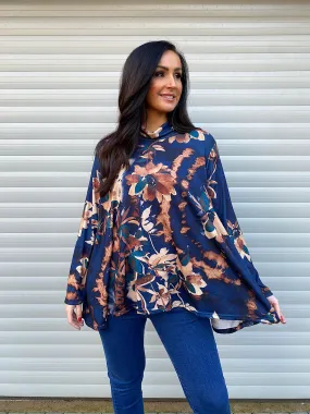 Navy Floral Cowl Neck Top Clover