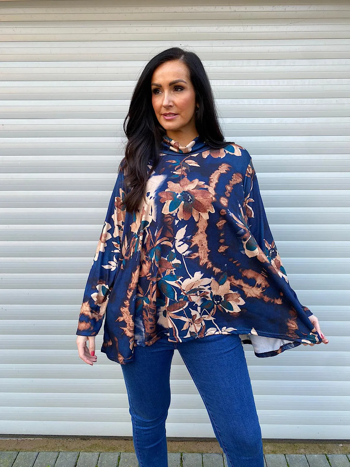 Navy Floral Cowl Neck Top Clover