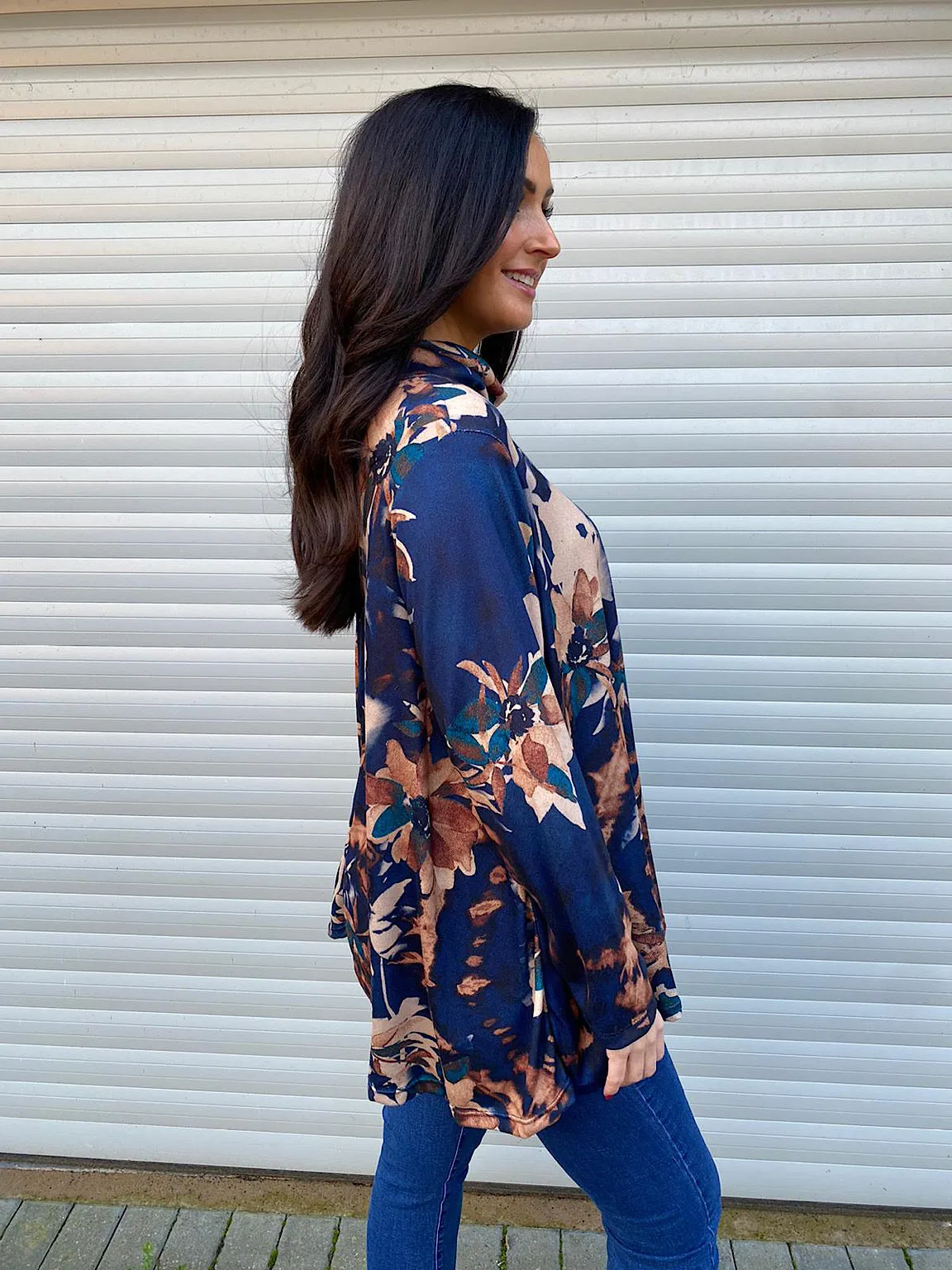 Navy Floral Cowl Neck Top Clover