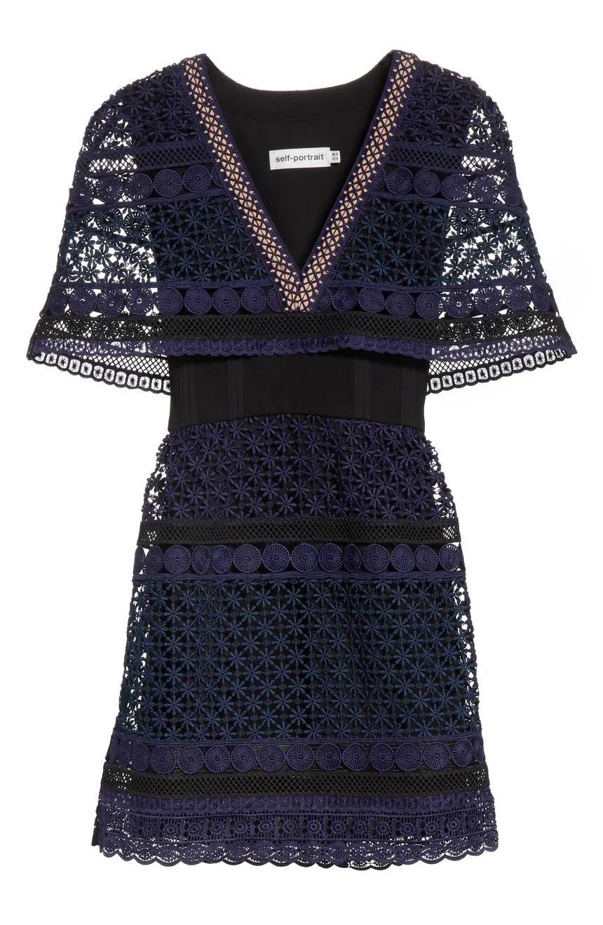 Navy V Neck Cape Star Lace Mini Dress