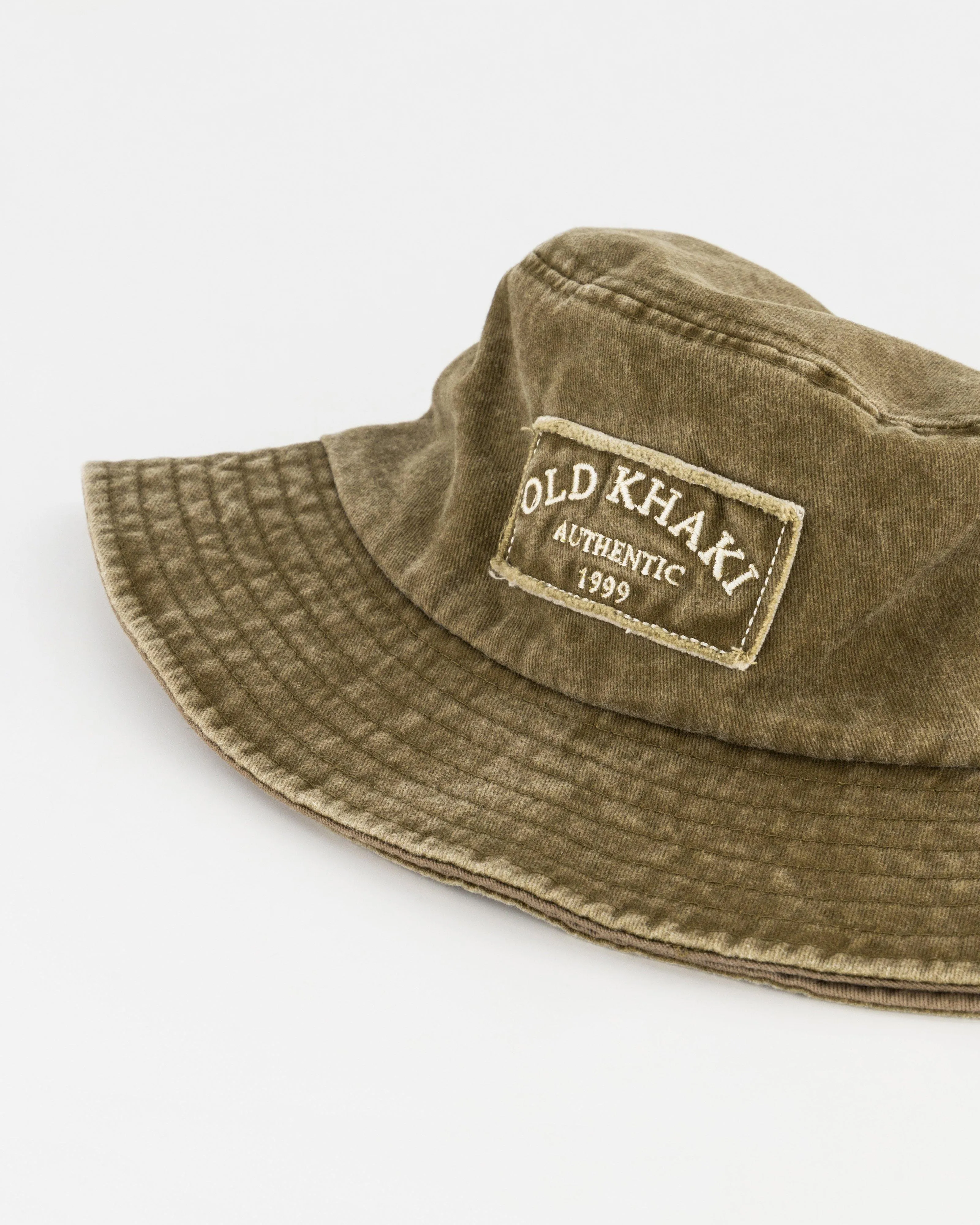 Old Khaki Gerault Frayed Badge Bucket Hat | Cape Union Mart