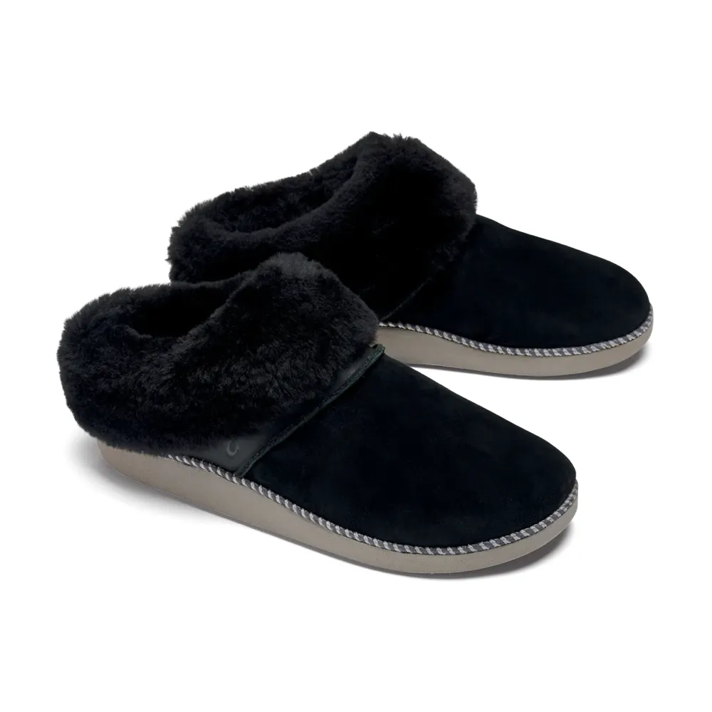 OluKai Women's Ku'i Shearling Lined Slip On Clog Slipper in Black