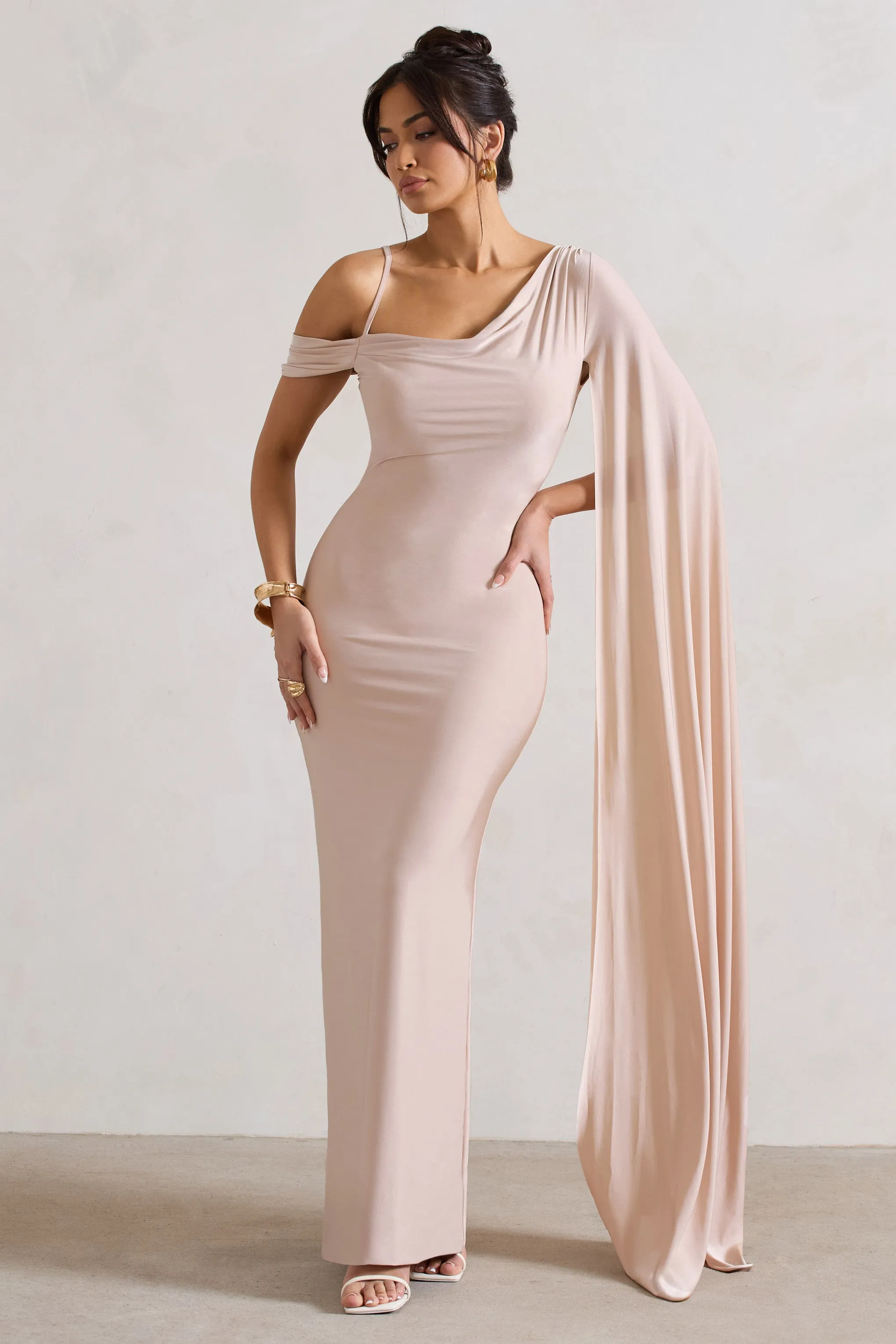 Pedra | Champagne One Shoulder Cape Sleeve Draped Maxi Dress