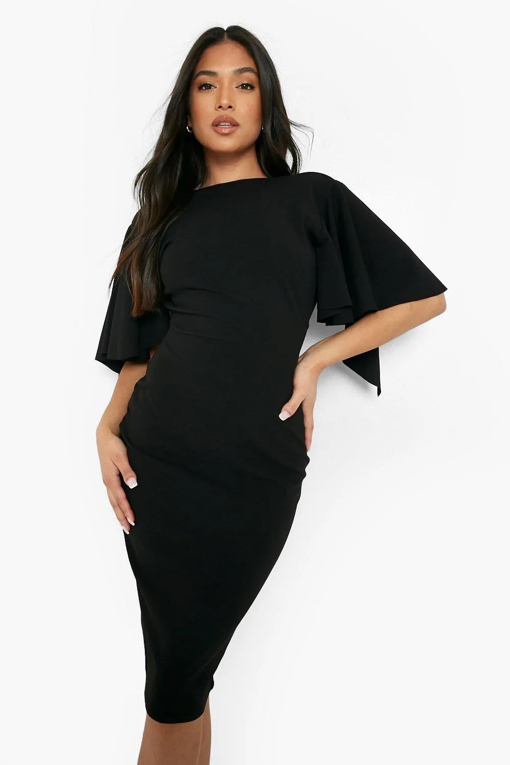 Petite Cape Sleeve Open Back Midi Dress