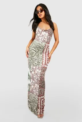 Petite Paisley Cowl Front Metal Ring Maxi Dress