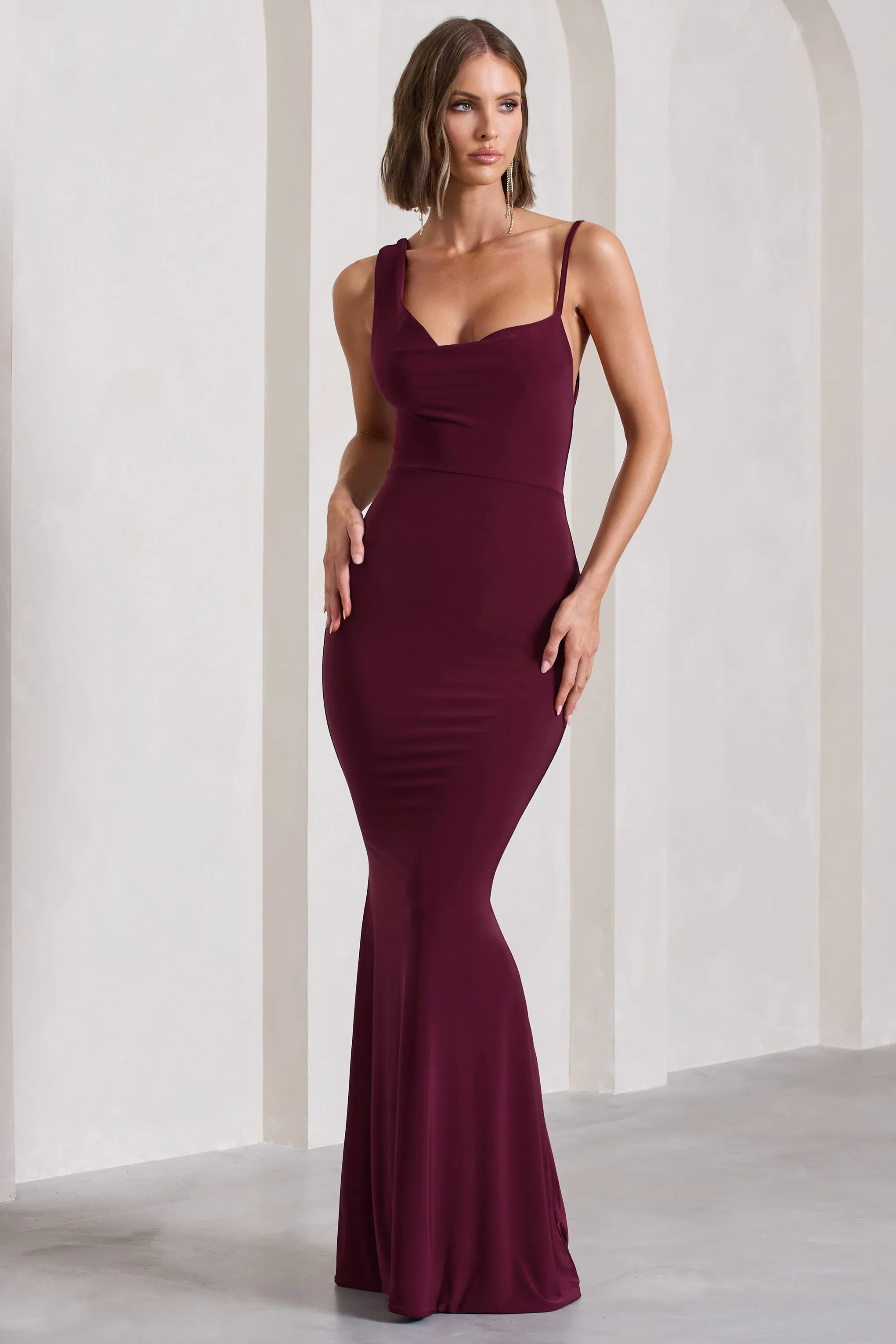 Phantasy | Burgundy Asymmetric Neckline Cowl Maxi Dress