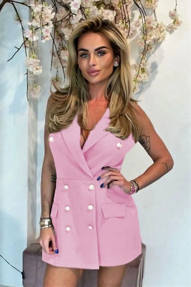 Pink Sleeveless Military Button Blazer Playsuit