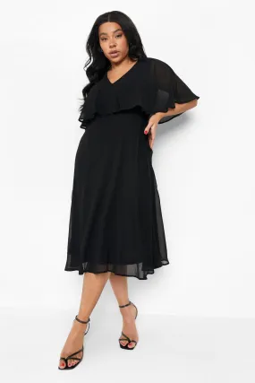 Plus Chiffon Wrap Cape Sleeve Midi Skater Dress