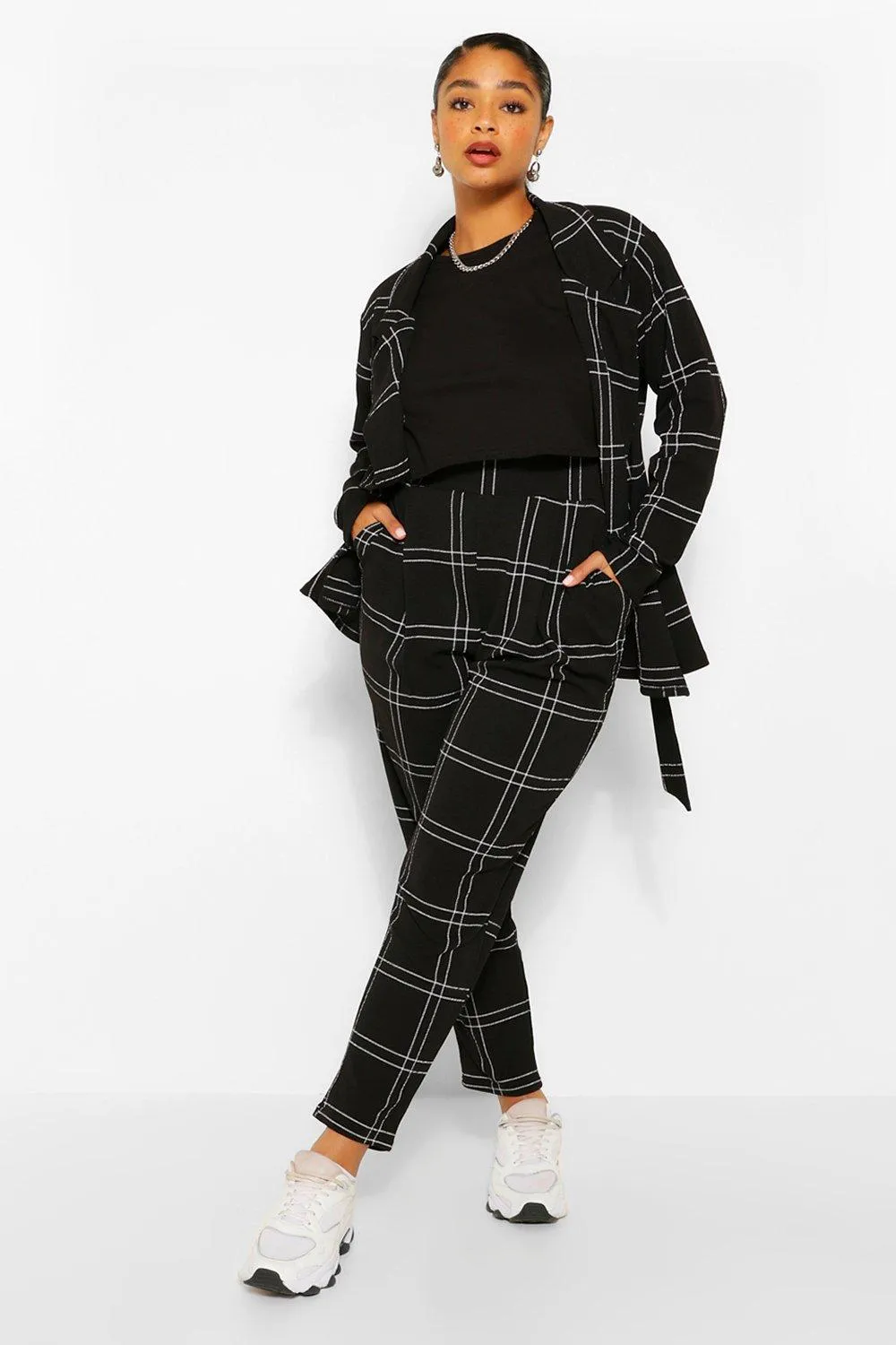 Plus Flannel Blazer And Pants Two-Piece