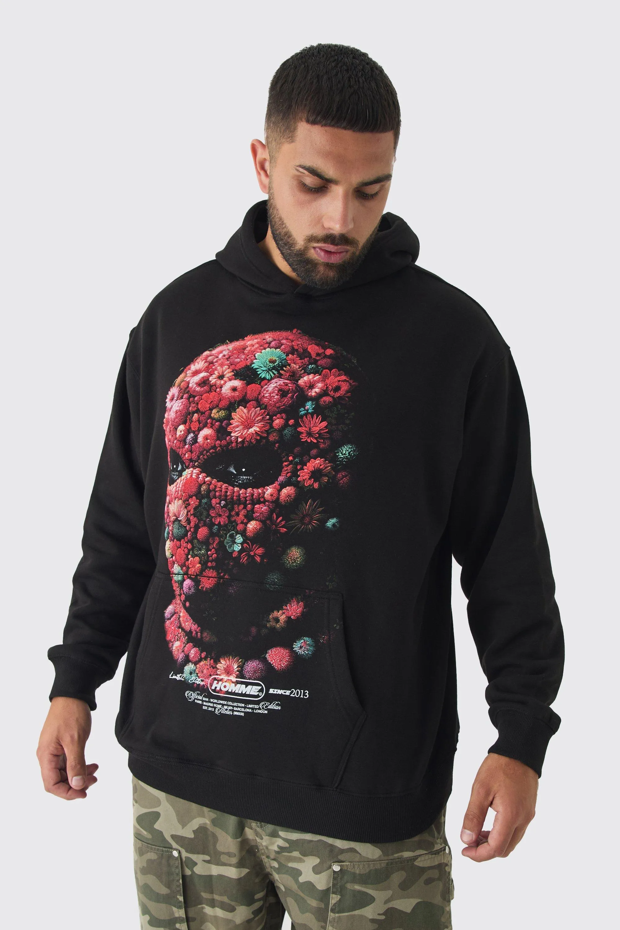 Plus Oversized Floral Balaclava Print Hoodie