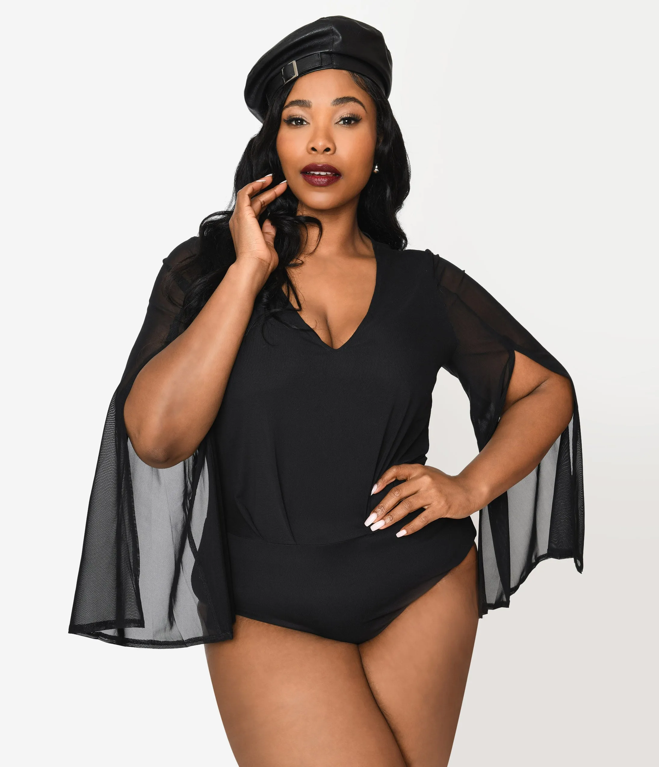 Plus Size Black Mesh Cape Knit Bodysuit