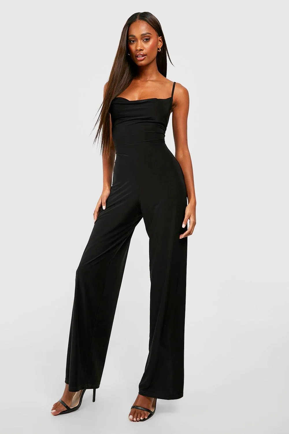 Premium Heavy Weight Slinky Cowl Neck Strappy Jumpsuit