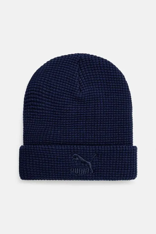 Puma beanie Classics Mid Fit Beanie navy blue color thick knit 025677